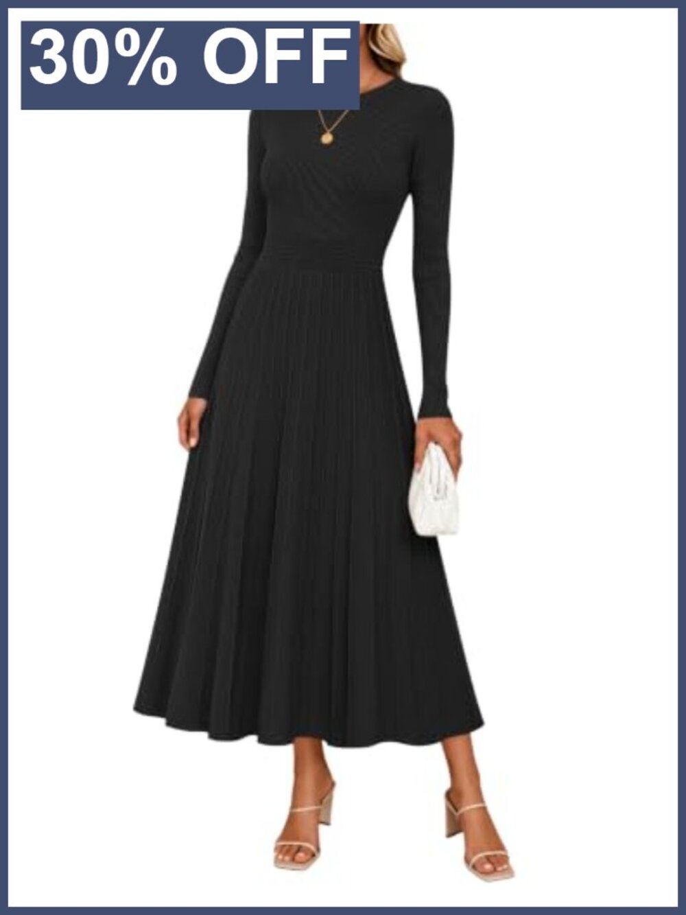 Ribbed Knit Midi Sweater Dress Long Sleeve Crewneck A-Line